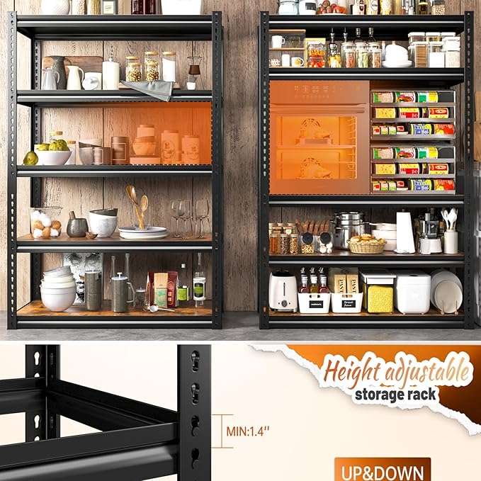 REIBII 5 Tier Storage Shelves, 2500LBS Adjustable Garage Shelving Unit, Metal Shelves for Pantry, Garage, Kitchen, Warehouse, Black, 65.74" H x 33.85" W x 15.35" D