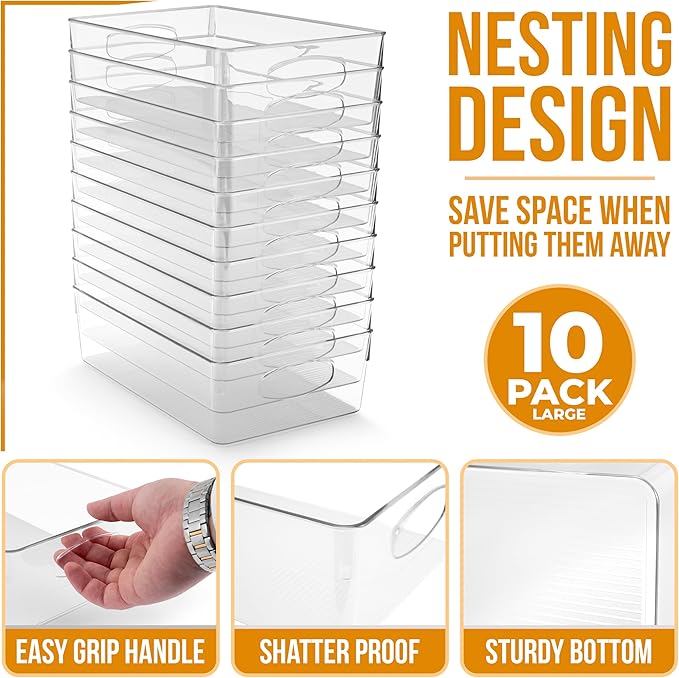 Sorbus Large Clear Plastic Storage Bins, 10 Pack Clear Organizer Bins with Handles, Plastic Storage Bins for Closet, Pantry, Fridge, Medicine Cabinet Organizer, Shelves, Freezer, Drawer