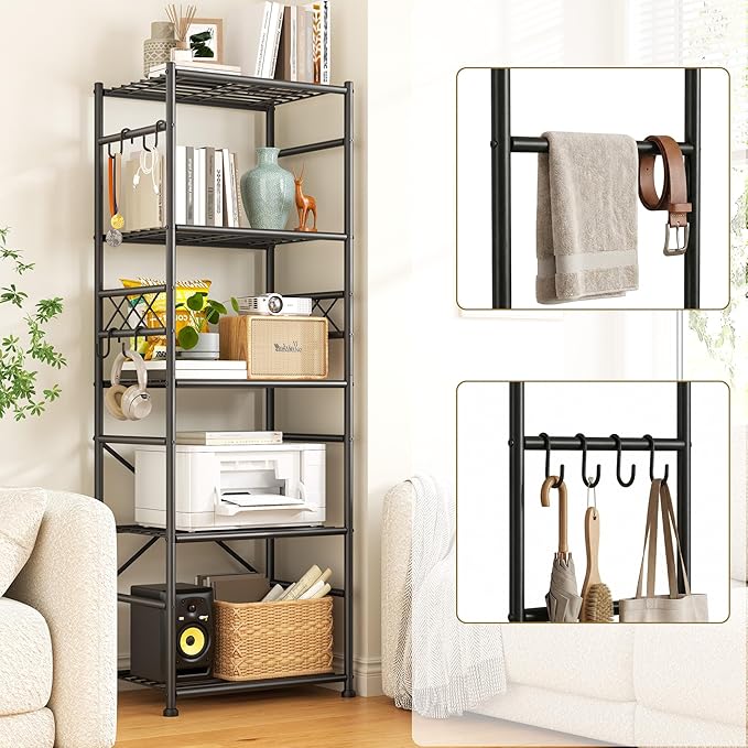 5-Tier Storage Shelves,Sturdy Metal Shelving Unit with Hooks,Wobble-Free Storage Rack with Leveling Feet,Slim Standing Shelf Organizer for Garage Kitchen Pantry,17.7”W×11.8”D ×58.3”H,Black