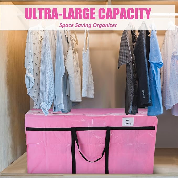 Windyun 4 Pack 98 Gallon Extra Large Moving Bags XXL Heavy Duty Storage Bag with Strong Zipper Handle Jumbo Big Tote Box Foldable for College Dorm Travel Clothes Duffle Blanket Pillow(Pink)