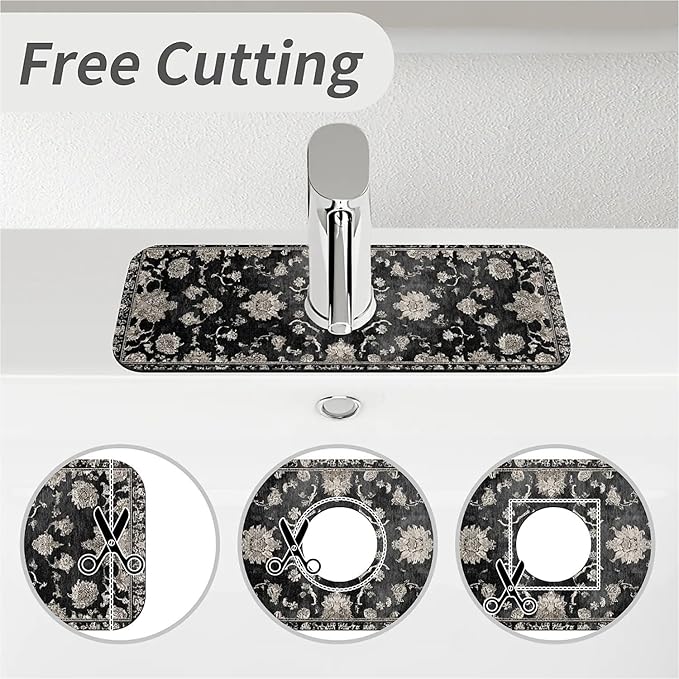 Kitchen Sink Splash Guard，Beige floral Faucet Mat Sink Gadgets-Super Absorbent Fast Drying Mat Drip Catcher for Kitchen, Bathroom,Sink Mat, Dish Drying Mat, Bathroom(15" X 5.5" )