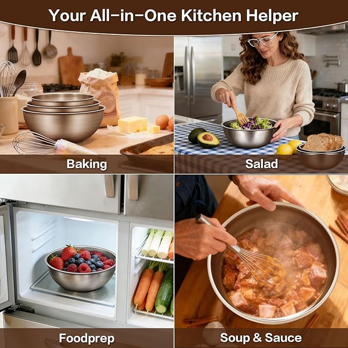 Gronivex 3-Piece Stainless Steel Mixing Bowls Set, 2.4, 3.2 & 4.9 Qt with Measurement Marks, Food Grade 304, Dishwasher Safe & Stackable for Baking, Tossing Salads, and Meal Prep for Your Kitchen