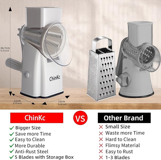 ChinKc Upgrade Rotary Cheese Grater Shredder with Handle, Strong Suction Base, Multi-purpose Rotary Grater Slicer with 5 Interchangeable Blades for Ice, Vegetables, Fruit, Nuts with Blade Storage Box