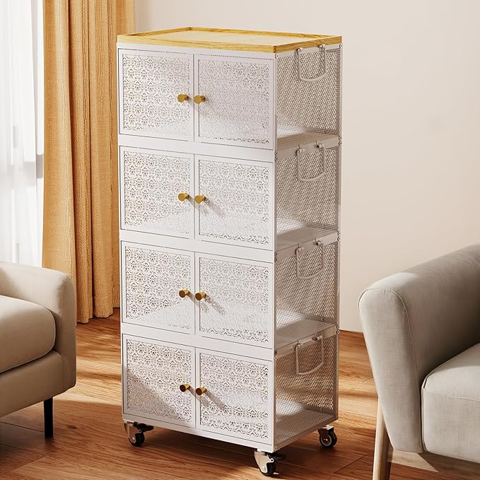 4 Tier Metal Storage Cabinet with wheels, Storage Bins with Magnetic Doors, Storage Cart for Living Room, Bedroom, Bathroom, Laundry, Kitchen