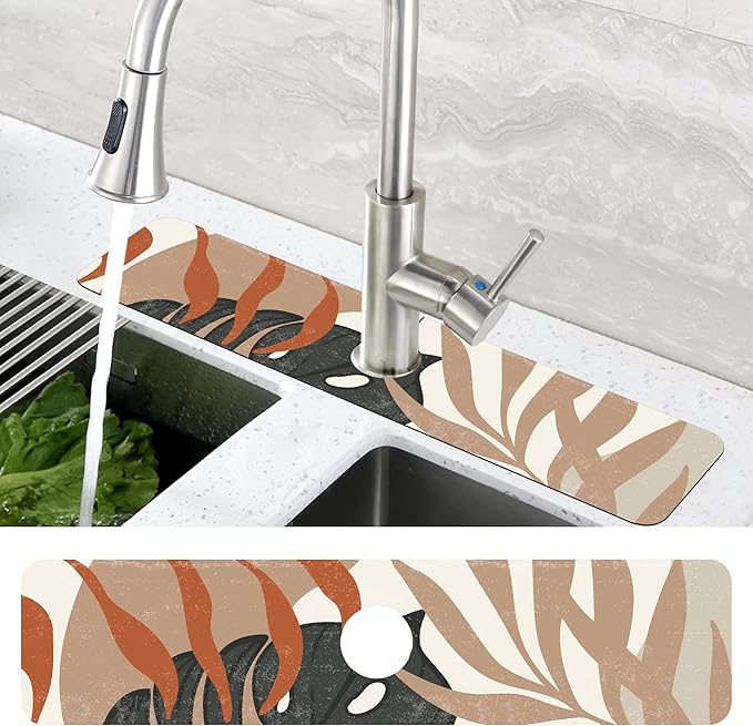 Mid Century Boho Leaves Kitchen Sink Splash Guard Absorbent Fast Drying Mat Faucet Draining Guard Behind Faucet Drip Catcher for Kitchen Bathroom 5.5"24"