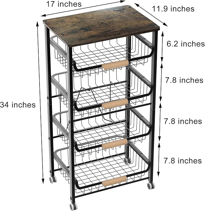 Fruit Vegetable Basket for Kitchen,5 Tier Pantry Organizer with Wheels,Snack cart with Wood Top,Metal Wire Storage Basket Organizer Baskets for Kitchen, Pantry, Bathroom