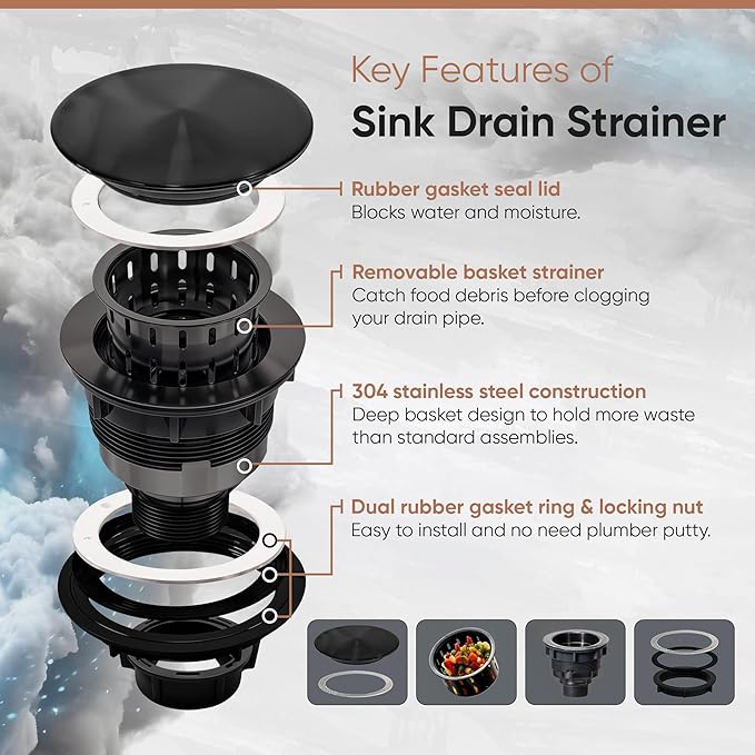 Strictly Sinks Sink Drain Strainer with Removable Basket - 3-1/2 Inch Stainless Steel Round Kitchen Sink Drain Assembly Kit with Deep Strainer Basket & Flat Cover Lid (Black)