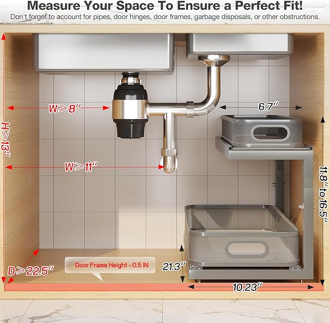 Biboraya 2-Pack 21.3 IN Depth Under Sink Organizer With Next-Gen Ball-Bearing Slides,Sophisticated Mesh 2-Tier Pull Out Shelf for Kitchen & Bathroom,Fits Small Items-Gun Gray