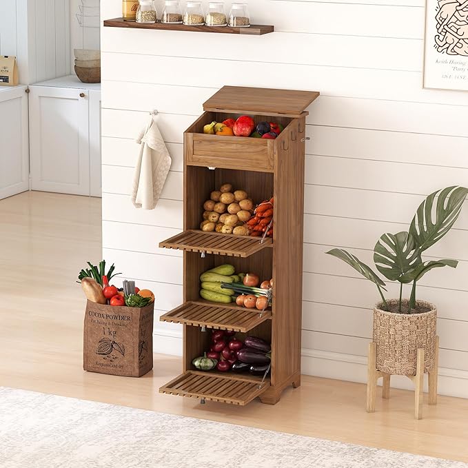 4 Tier Potato and Onion Storage Bins Box, Mid Century Modern Tall Large Fruit and Vegetable Basket Storage, Walnut Kitchen Pantry Cabinet for Snack, Wooden Bread Storage, Magnetic Flip-top
