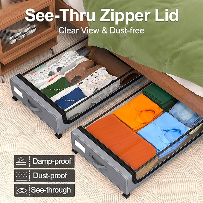 GoMaihe Under Bed Storage with Wheels: XXL Underbed Storage Containers with Lids - Rolling Bins for Shoes Clothes in Dorm Bedroom - Metal Drawers Easy Pull-out Grey 2-Pack