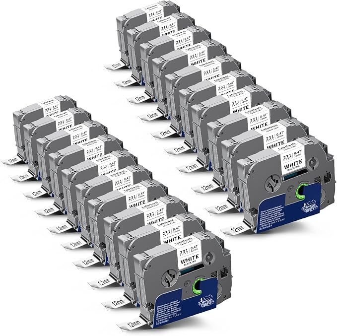 20-Pack TZe-231 Compatible for P Touch PT-D220 Label Maker Tape for TZe TZ Tape 12mm 0.47 Laminated White 1/2" Refills for Ptouch PT-H110 D210 D220 D400 D600 PTD220 D200 D610BT, Black on White