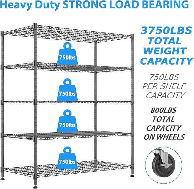 Homdox Heavy Duty Storage Shelves, 5 Tier Wire Shelving Unit with Wheels, Commercial Adjustable Metal Shelves for Storage, Garage Rack Pantry Shelves Kitchen Shelving, 24"x60"x82", Black