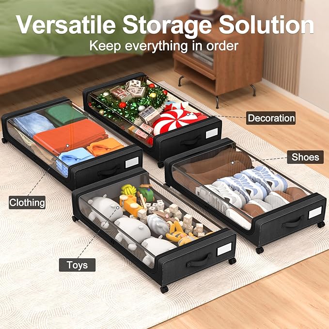 GoMaihe Under Bed Storage with Wheels: XXL Underbed Storage Containers with Clear Lids - Rolling Drawers & Bins for Shoes Clothes in Dorm Bedroom - Space-Saving Easy Pull-out Black 4-Pack