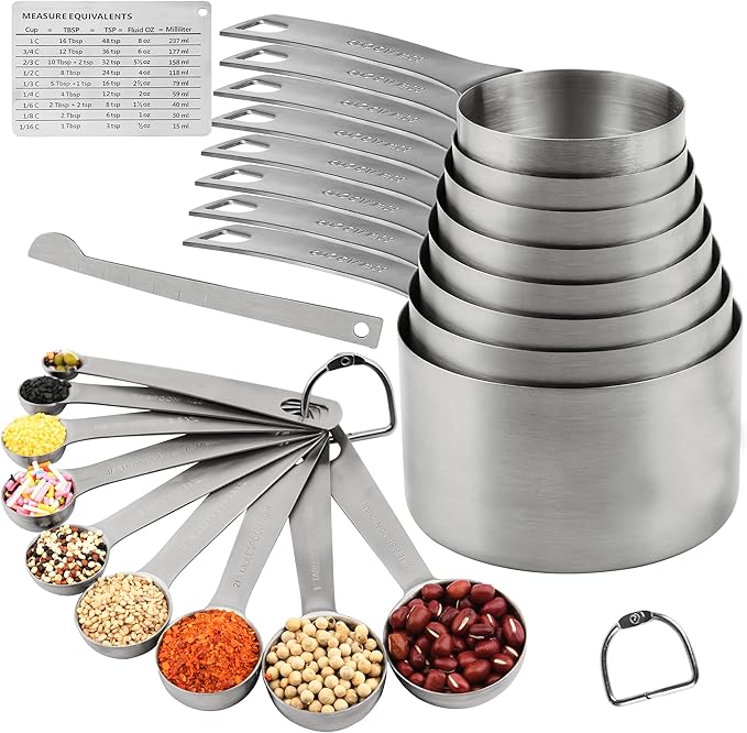 Zoyizi Measuring Cups Set 19, 18/8 (304) Stainless Steel Measuring Cups and Spoons Set, Metal Measuring Cups & Spoons & Leveler&Magnetic Conversion Chart for Kitchen and Baking
