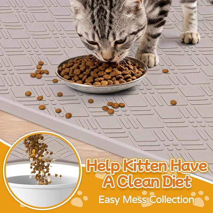 Lanstics Cat Food Mat, 42" x 29" Large Silicone Mat Cat Feeding Mat with Raised Edge Non-Slip Pet Feeding Mat for Food and Water Bowl, Easy to Clean, Floor Protection (Beige)