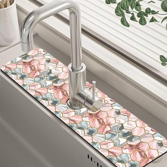 Abstract Gray and Red Hexagon Sink Faucet Absorbing Mat Sink Splash Guard Faucet Mat Draining Mat Fast Drying Sink Protectors for Kitchen and Bathroom 5.5"×24"
