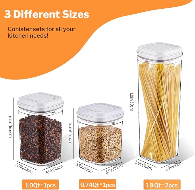 Pop Top Food Storage Container Set | 4Pcs Airtight Cereal Storage Organizer Canisters with Pop Lids, BPA-Free, Vacuum Seal & One-button Opening, Stackable Pantry Containers for Dry Food Storage