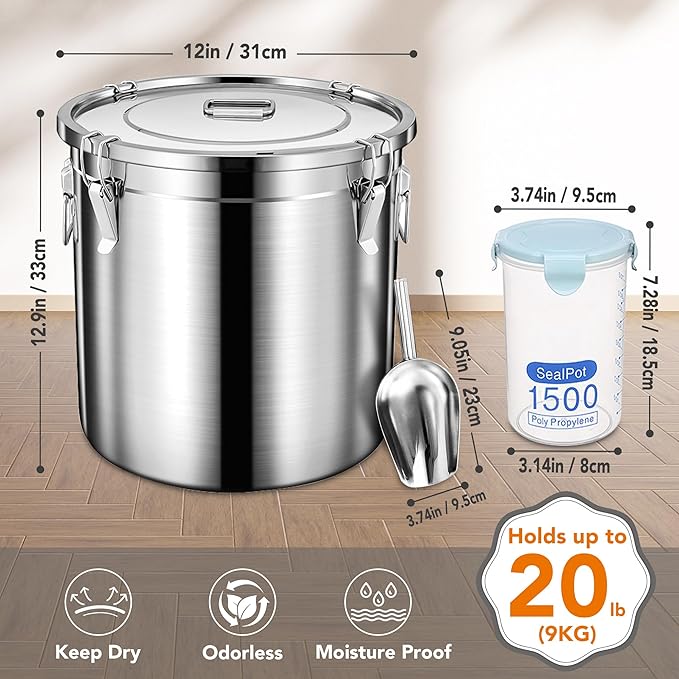 Newget Dog Food Storage Containers, Large Stainless Steel Pet Food Storage Containers 20 lb / 9 kg to Keep Fresh, Metal Airtight Cat Food Containers With Scoop and 2 Small Containers