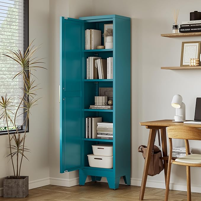 67''Farmhouse Metal Storage Cabinet with Barn Doors,Steel File Cabinet for Home Office,Kitchen Pantry 4 Adjustable Shelves,Freestanding Cupboard for Kitchen,HomeOffice (Peacock Blue)