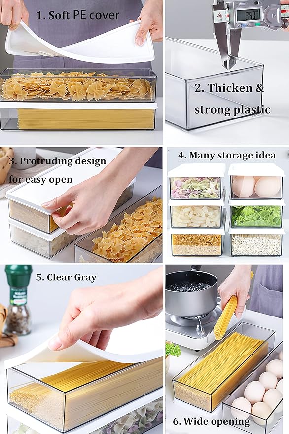 Hanobe Pasta Containers for Pantry Large Spaghetti & Noodle Canister Clear Cereal Storage Organizer Set with Lock Lids Durable BPA-free Plastic Food Keeper for Fridge Kitchen Cabinet (6, 37oz)