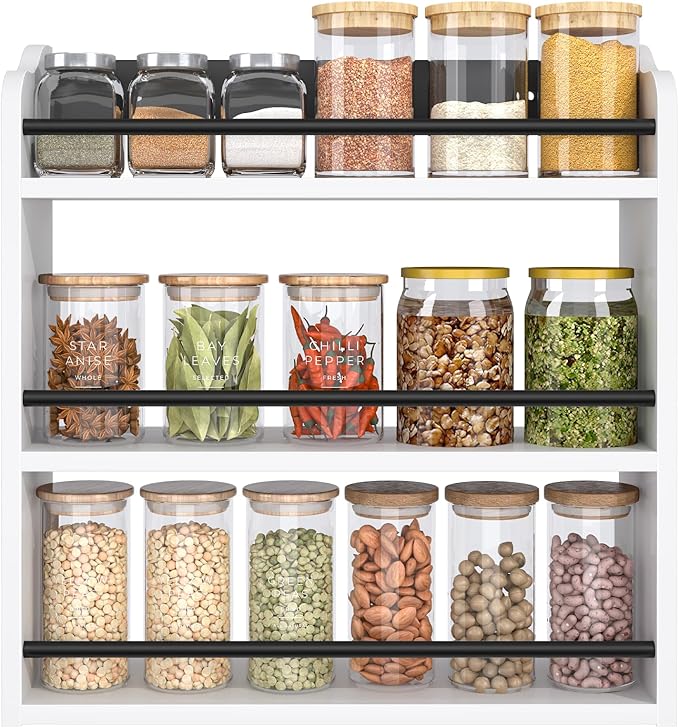 BCOZLUX 3 Tier Wooden Spice Rack, Seasoning Jars Rack Shelf Spice Organizer for Countertop or Wall Mount, Vertical Spice Holder for Kitchen Counter, Cabinet, Pantry, White