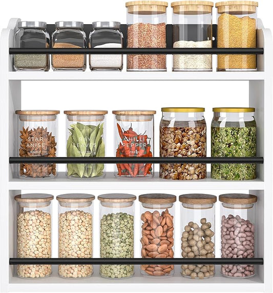 BCOZLUX 3 Tier Wooden Spice Rack, Seasoning Jars Rack Shelf Spice Organizer for Countertop or Wall Mount, Vertical Spice Holder for Kitchen Counter, Cabinet, Pantry, White
