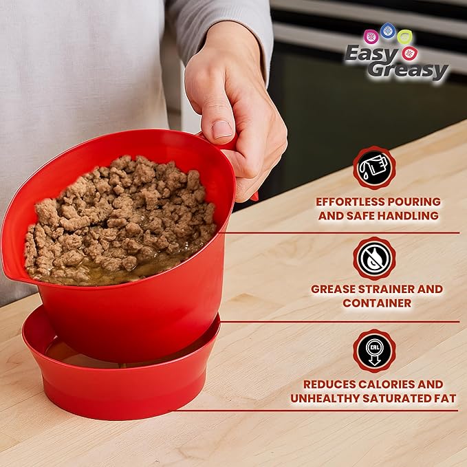 Easy Greasy Colander Grease Strainer With Handle And Container, Catch Bowl With Lid 3 Piece Strain Set | Strains Ground Beef, Bacon & Pasta | Safe Kitchen Gadget BPA Free | Made In The USA (Red)