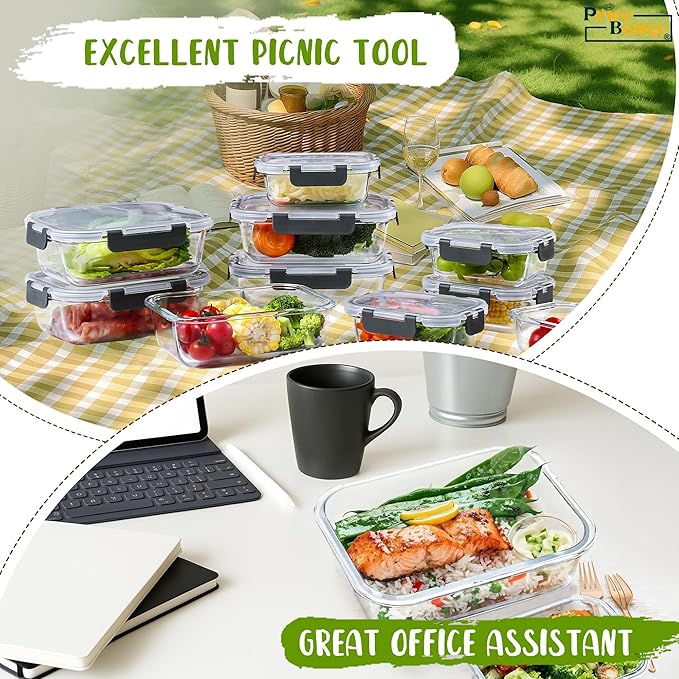 Glass Food Storage Containers with Lids – 10 Pack (2 Sizes: 1050ml & 370ml) | Airtight, Reusable Lunch Boxes, Leakproof, BPA-Free Meal Prep Containers for Kitchen,Dishwasher & Microwave
