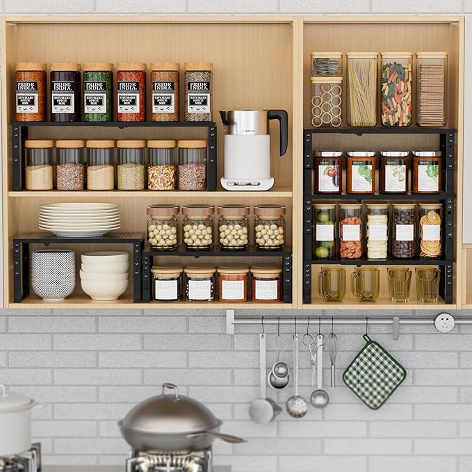 Wobmmi Expandable Spice Rack Kitchen Cabinet Shelf Organizer, Stackable Storage Shelves Racks, Adjustable Counter Shelving for Cabinets, Countertop, Cupboard,Pantry and More(3Packs/Black/Large)