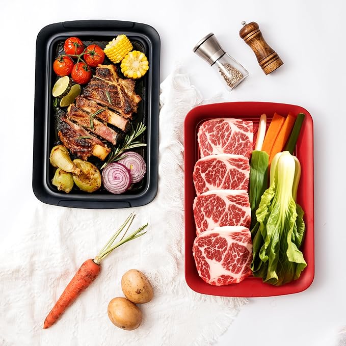TP Deep Grilling Prep and Serve Trays, 18 x 12 inch BBQ Trays for Cooked and Raw Foods, Set of 2 Melamine Serving Platters for Meats, Grill Accessories, Black and Red