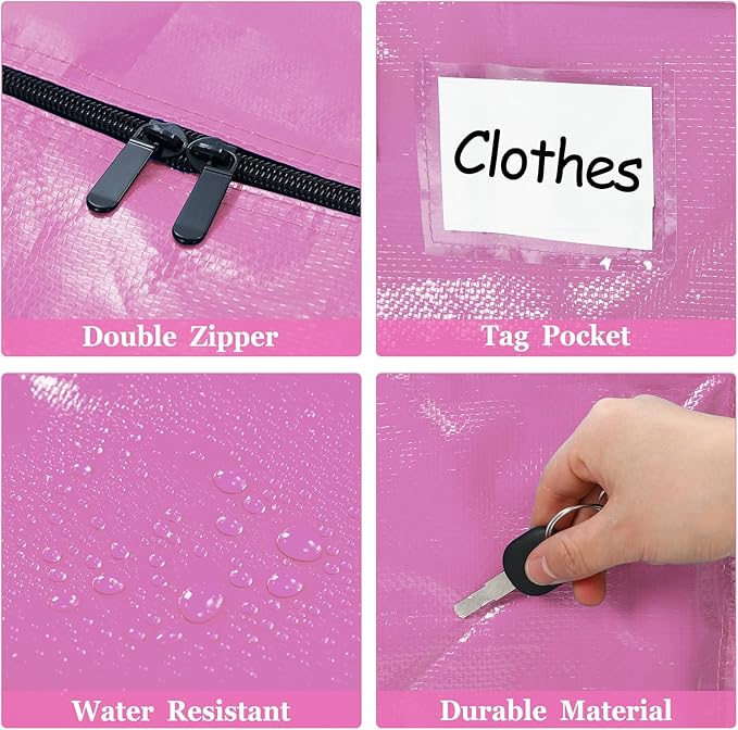 4 Pcs 24 Gallon Extra Large Moving Bags Heavy Duty Storage Bag with Strong Zipper Handle Foldable XXL Jumbo Storage Tote Packing Moving Box for College Dorm Travel Cloth Duffle (Pink)