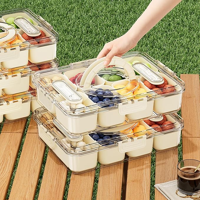 2 Pack Divided ServingTray with lid and Handle, 8 & 4 Compartments Snackle Box with Utensils, Fridge Food Veggie Condiment Storage, Kitchen Clear Food Container for Picnic, Camping, School