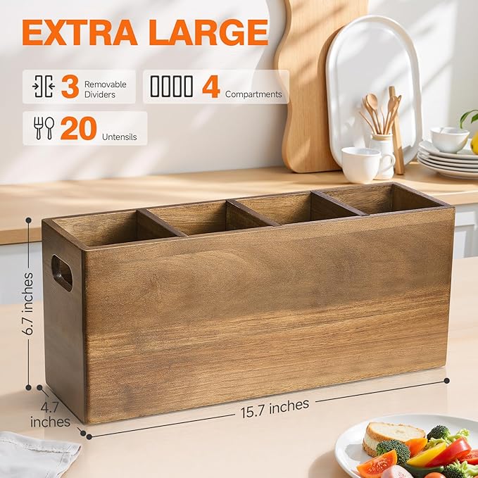 ONEARF Wooden Utensil Holder Counter, Kitchen Utensil Organizer Large 4 Compartment Cooking Utensils Holder, Acacia Rustic Wood Farmhouse Storage Container Crocks for Silverware and Cooker Set