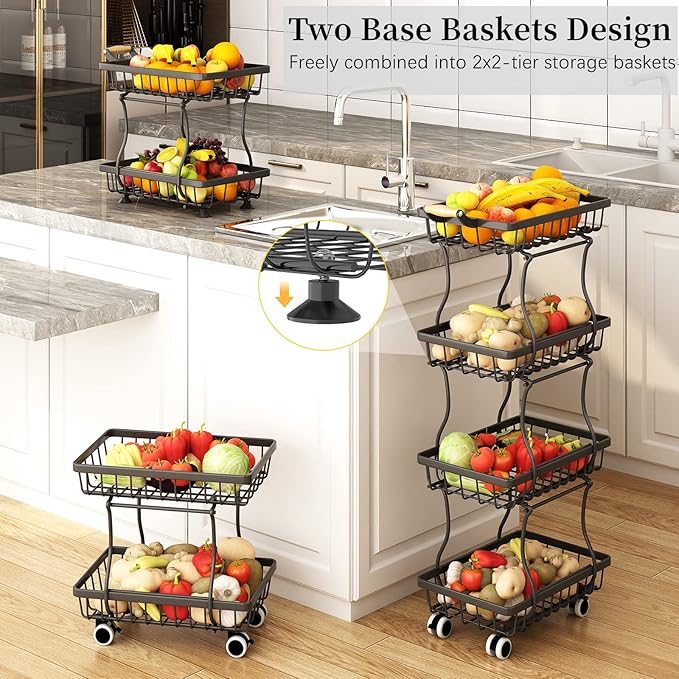 4 Tier Slim Fruit Basket for Kitchen, Stackable Metal Wire Fruit Vegetable Storage Baskets Organizer Stand on Wheels, Produce Basket Potato Onion Storage Bins Rack for Pantry. (Black)