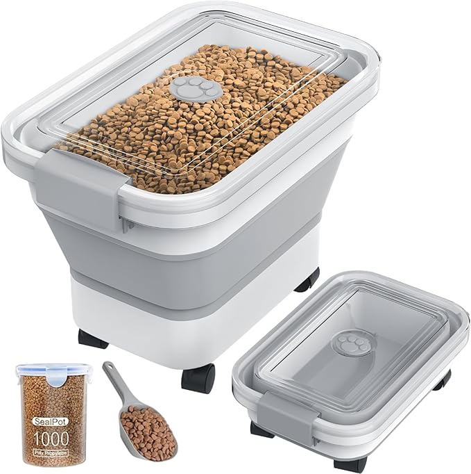 20-23 Lbs Dog Food Storage Container, Collapsible Dog Food Container with Transparent Airtight Lid,Multifunctional Pet Food Storage Container for Dog Cat,Rice,Flour,Pet Food Scoop and Dog Bowl