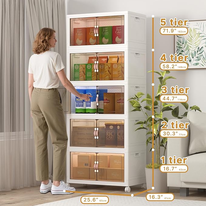 Extra Large Stackable Storage Bins with Lids & Wheels, 600QT-120QT/30GAL*5Pack Foldable Collapsible Closet Organizers Storage Cabinet with Doors for Bedroom Dorm