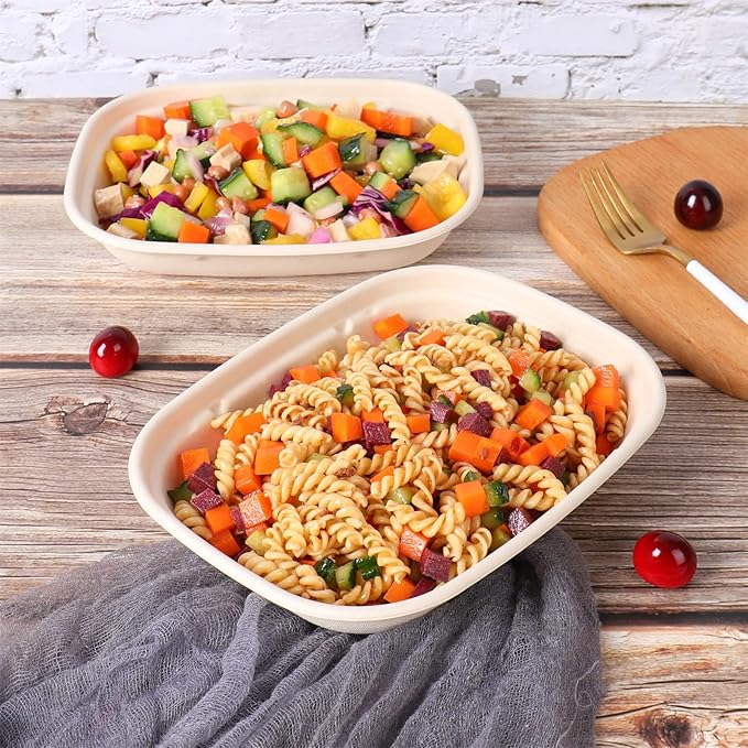 JAYEEY 28 oz Disposable salad bowls with lids, Sugarcane Fiber paper Bowls take away Bagasse food containers meal prep food storage deli container 50 Pack