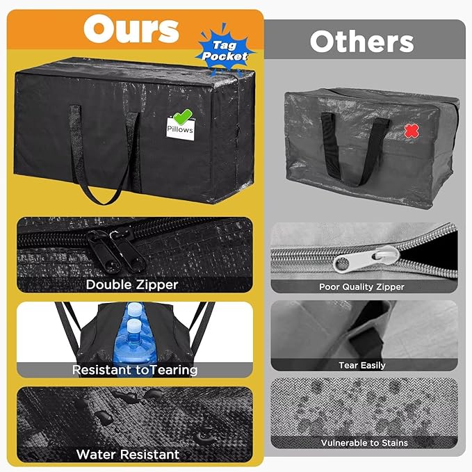 Extra Large Storage Bags Moving Bags Heavy Duty with Zipper Handles, BETU 6 Pack Clothes Storage Totes Bins Packing Moving Boxes, Moving Supplies for College Dorm Essentials, Space Saving, Black