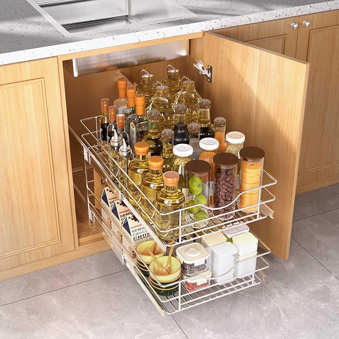 Pull Out Cabinet Organizer,(17½"W x 22" D) 2 Tier Soft Close Slide Out Drawer For Kitchen Base Cabinet, Individual Pull Out Shelf, Roll Out Pantry Organization, 22 Inch Deep