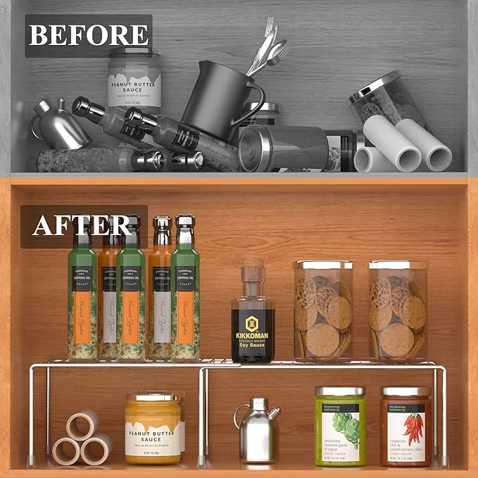 GEDLIRE Kitchen Cabinet Expandable Shelf Organizers, Adjustable Metal Wire Pantry Storage Shelves, Plate Dish Organizer Rack for Cabinets, Cupboard, Counter, Freezer, Countertop, Chrome