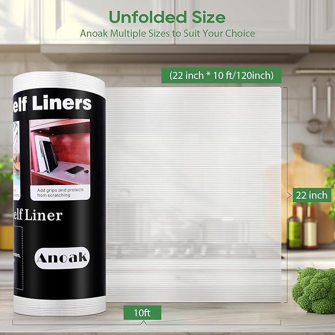 Anoak Shelf Liner - Non-Slip Cabinet Liner, 22 Inch x 10 FT(120 Inch) Durable Waterproof Washable Oil-Proof for Kitchen Cabinet, Shelves, Refrigerator, Storage, Desks, Non Adhesive