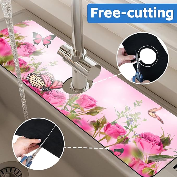 Pink Rose Bouquet Butterfly Kitchen Sink Splash Guard Mat Absorbent Fast Drying Mat Faucet Draining Mat Sink Splash Guard Behind Faucet Drip Catcher for Kitchen Bathroom 5.5"×24"