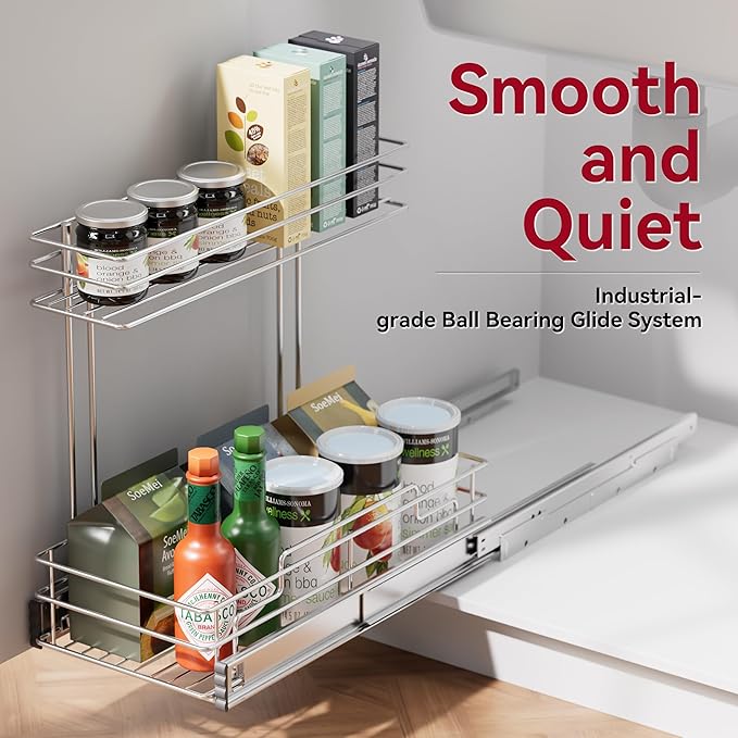 STORKING Under Sink Organizer 9" W X17 D, Pull Out Cabinet Organizer 2 Tier, Under Sink Slide Out Chrome Plated, Under Kitchen Bathroom Organizer, Pantry Cabinet Closet Organization Rack, 1 Pack