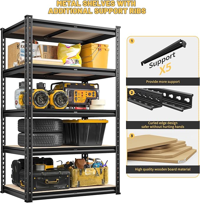 REIBII 2000LBS Storage Shelves 5 Tier Garage Shelving Heavy Duty Metal Shelving Adjustable Metal Shelf for Garage Pantry Closet Kitchen Basement 28" W x 13.8" D x 59.8" H