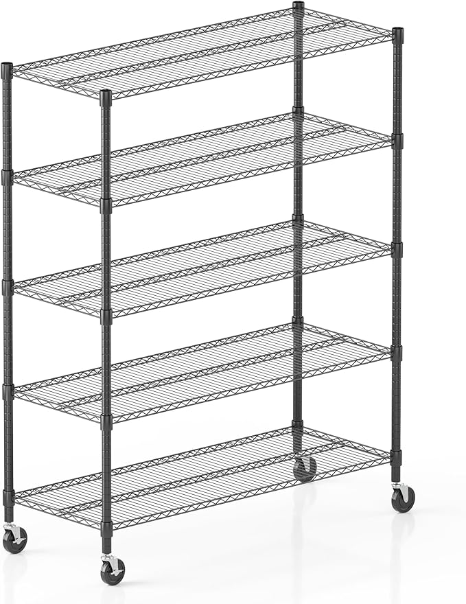 Homdox Heavy Duty Storage Shelves, 5 Tier Wire Shelving Unit with Wheels, Commercial Adjustable Metal Shelves for Storage, Garage Rack Pantry Shelves Kitchen Shelving, 18"x48"x82", Black