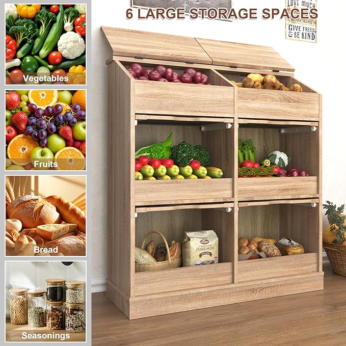 Potato Storage Bin Bread Box W/Lid,Rustic Onion&Fruit Organizer with Wood Hidden Door,Farmhouse Grocery Section Decorative,Vegetable Organization Cabinet W/Mesh Door for Kitchen Dining Room(Natural)
