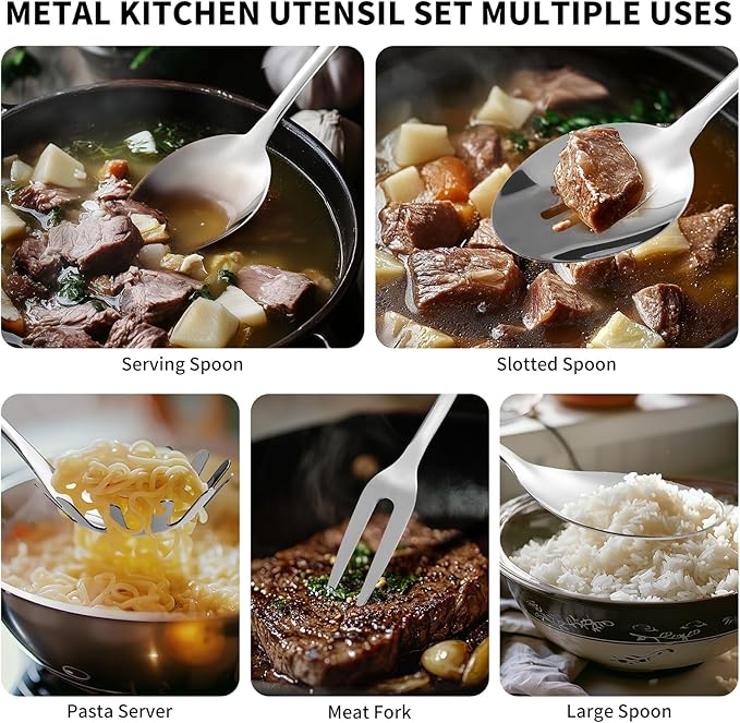304 Stainless Steel Kitchen Utensils Set, 10 Pcs Metal Cooking Utensil, Mirror Polished Kitchen Gadget Cookware and Kitchen Tool Set, Dishwasher Safe