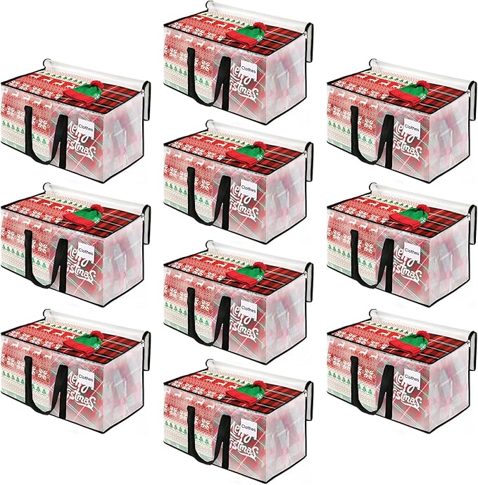 BlissTotes Moving Bags, 10-Pack Storage Bags, Moving Bags Heavy Duty Extra Large, Moving Totes, Clear Moving Bags, Reinforced Handles & Tag Pocket, Christmas Totes (125L)