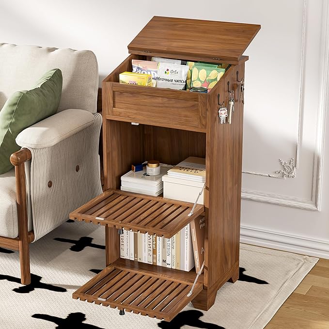 Potato and Onion Storage Bins Box, Mid Century Modern Fruit and Vegetable Storage, Small Food Kitchen Pantry Cabinet for Snack, Wooden Bread Storage for Homemade Bread, Farmhouse, Magnetic Flip-top