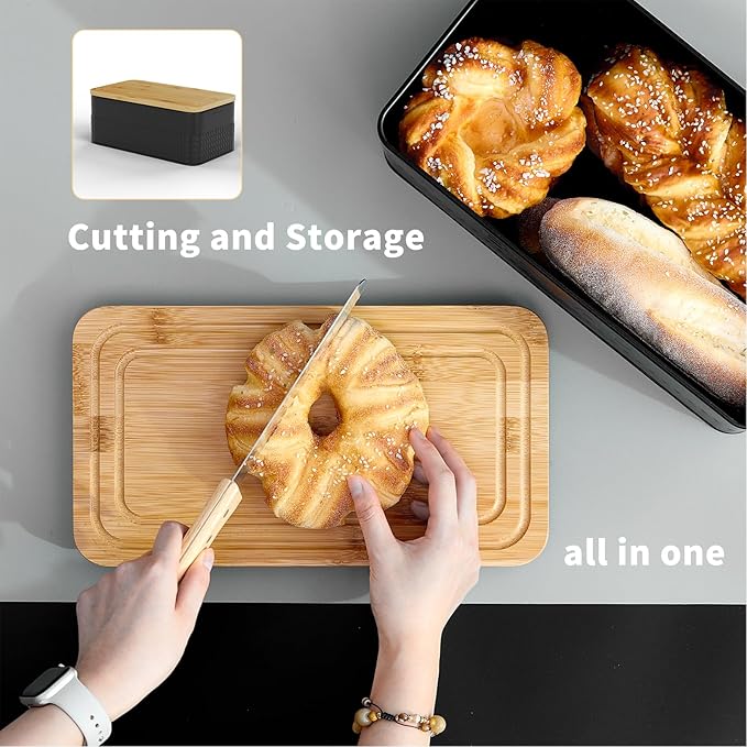 Furshus Bread Box for Kitchen Countertop,Metal Bread Storage Bin with Bamboo Cutting Board Lid, Includes Bread Knife, Fits Sourdough & Buns, Stylish Organize (Black)
